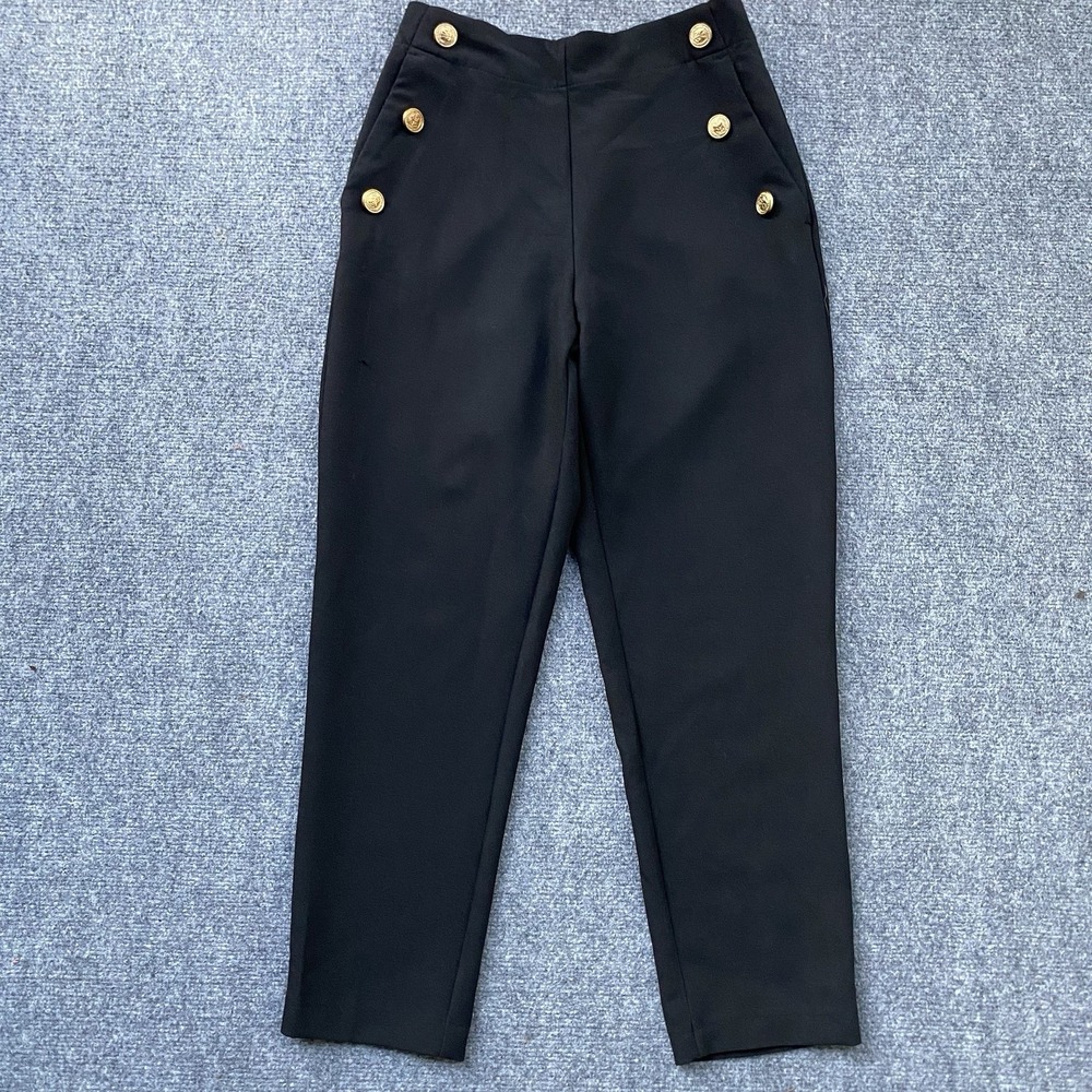 Zara High Waist Sailor Pants S Black Gold Buttons Tapered Leg Nautical Old Money